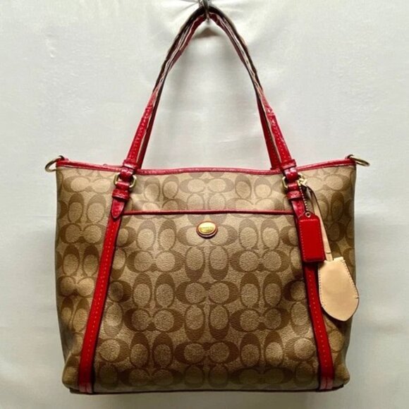 Coach Peyton Signature Large Pocket Tote Khaki Red Trim Rare F25504 Worn Handles - Picture 15 of 15